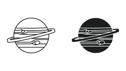 Saturn Planet Icon with Ring, Line Art and Silhouette, Isolated on White Background © SHAHRIYAR RASEL