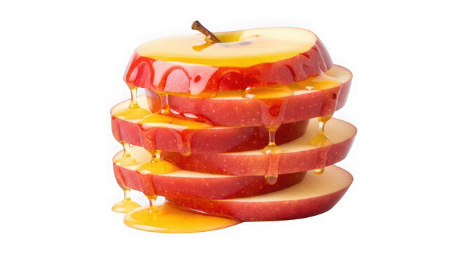 Stack of juicy red apple slices with honey drizzle isolated on transparent background