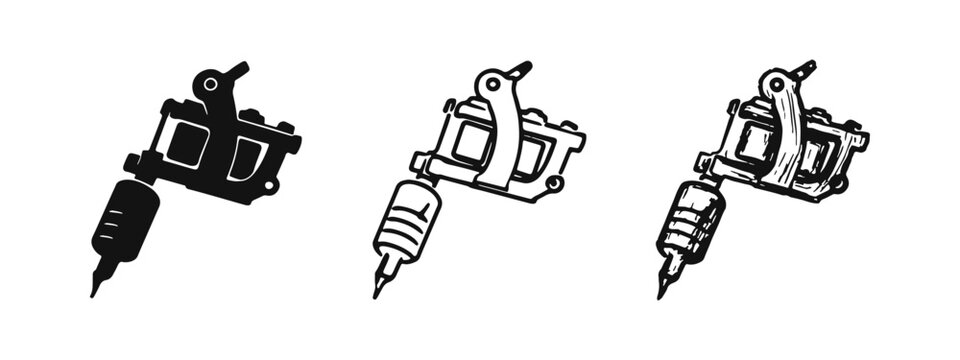 Tattoo machine vector icons set. Hand-drawn professional tattoo equipment in solid, outline, and sketch styles.
