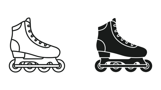 Inline Skates and Roller Skates Icons: Black and White Line Art and Silhouette