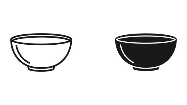 Bowl Icon Set: Outline and Solid Black Versions on White Background
