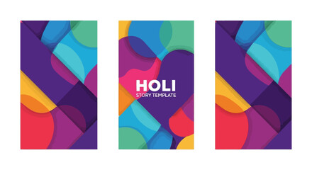 Obraz premium Vibrant Holi Festival Day social media templates with colorful geometric shapes and pink, purple hues on a white background