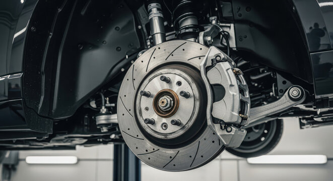 Close-up of a Modern Car Brake Disc and Caliper System on a Lift in an Auto Repair Shop, Detailing Vehicle Underbody Components and Suspension