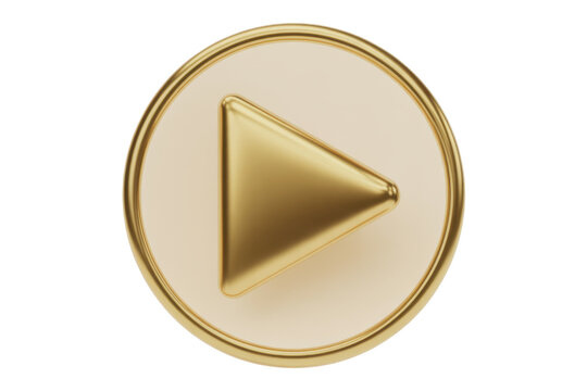 Gold play button on white background isolated shiny isolated on a transparent background