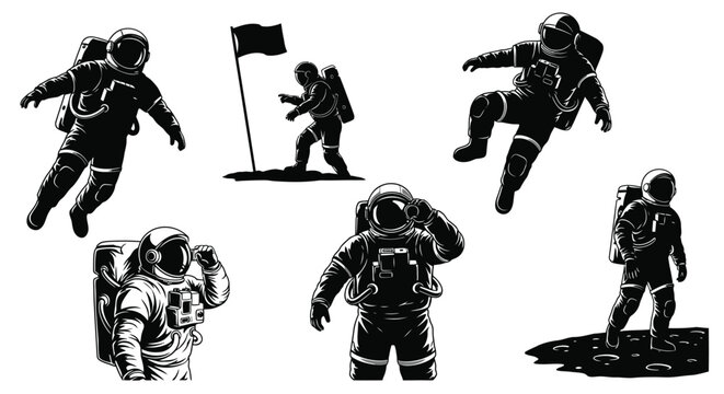 Astronauts exploring space and planting a flag a striking silhouette