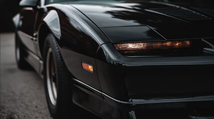 Fototapeta premium Black sports car front end close-up with headlights and reflections