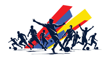 Group of soccer players in action silhouettes with colorful stripes