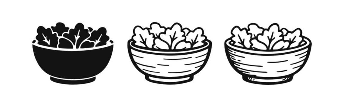 Bowl of Salad Icon Set - Fresh Green Leaves, Healthy Food, Vegetable Diet Black Vector Illustration