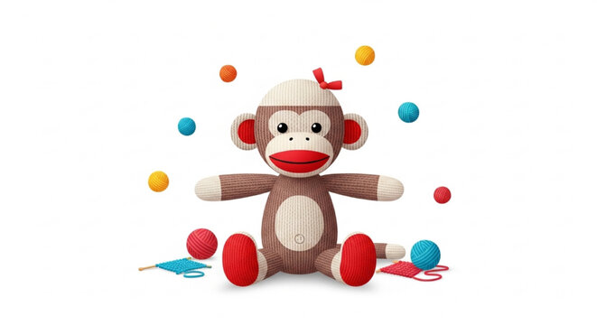 Sock Monkey Day Cute Classic Toy with Yarn Balls and Knitting Accessories Vector Illustration