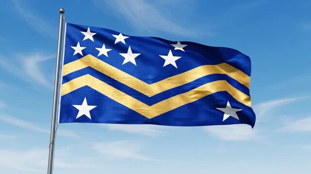 Generic Blue Flag with Gold Chevrons and Stars Waving on Pole in Sky