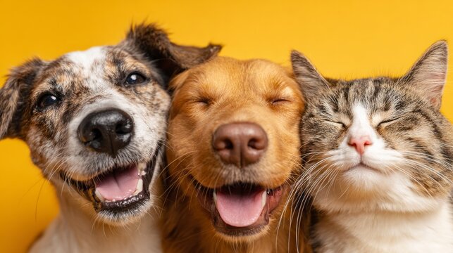 Veterinarian banner with pets, happy fluffy dogs and cat in veterinary clinic. Medical care for domestic animals