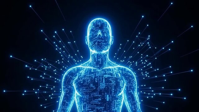 Glowing Digital Form Human Body On Dark Background Emitting Light Beams Technology Ai Futuristic Concepts For Use As Background