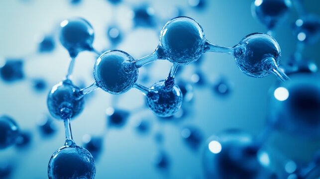 Molecule structure formed by blue spheres interconnected against a blue background exhibiting a scientific theme