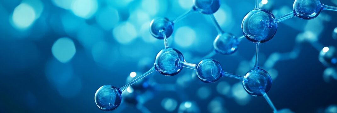 Blue spheres connected in a molecule shape with a blue background showing a scientific concept in visual design for education