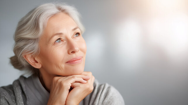 Aging maturity and life perception showing faceless pensive senior woman with healthy glowing skin and professionally styled silver hair hands held delicately under chin in though