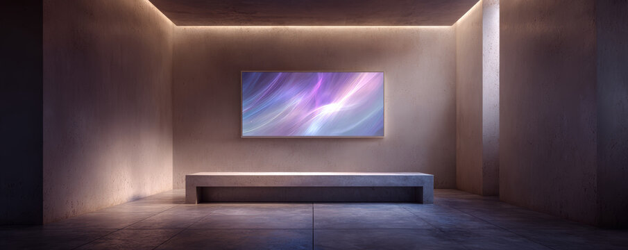 Modern living room minimalist interior wall tv led light concrete bench abstract art ambient glow contemporary design empty room luxury home