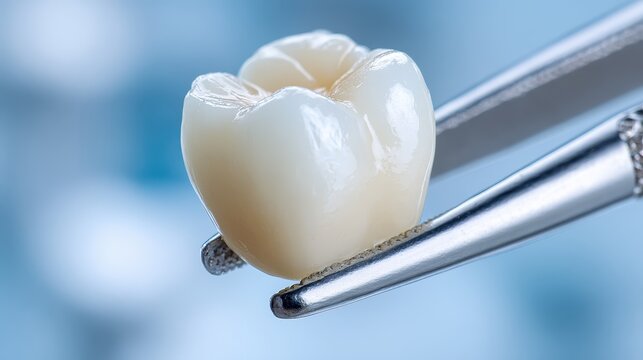 Dental ceramic crown held with tweezers for restorative dentistry procedure