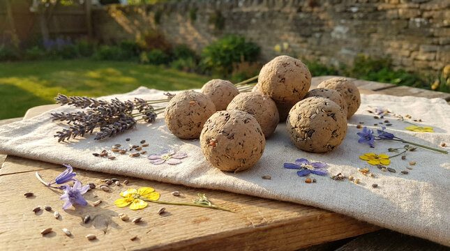 Handmade wildflower seed bombs with dried lavender and pressed flowers on linen cloth in garden.