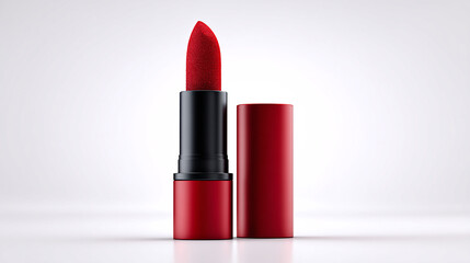 A red lipstick standing upright with its cap beside it