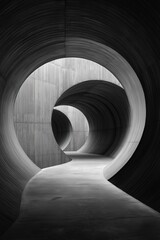Brutalist concrete tunnel design, curving geometrics, metaphor for data flow, modern architecture