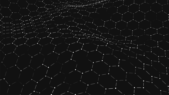 A monochrome hexagonal grid spreads out in the darkness, maintaining a strict rhythm and order. A futuristic hexagonal background. Honeycomb patterns create a sense of hidden structure and mathematica