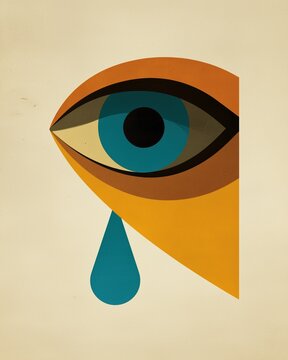 Abstract, stylized eye shedding tear. Geometric design in warm earth tones and blue, conveying sadness or emotion