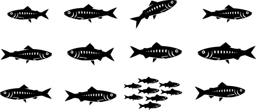 Set of Minimalist black sardine seafood silhouette vector icon
