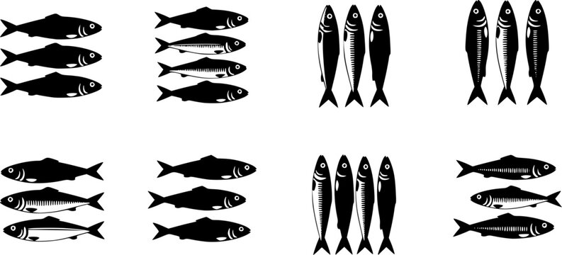Set of Minimalist black sardine seafood silhouette vector icon
