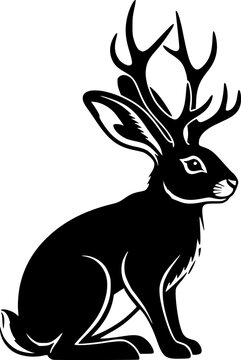 Black silhouette of a mythical jackalope or hare with large deer antlers sitting profile view, clean vector art, logo design concept, isolated on white background
