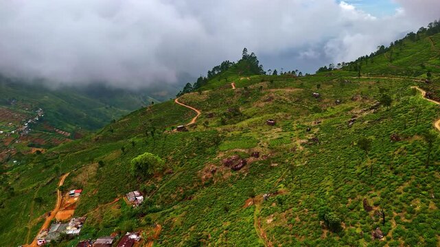 The footage offers a panoramic aerial view of Dambro&rsquo;s verdant tea-clad hillsides, with small village rooftops nestled on slopes and a sinuous road weaving through fields below.
