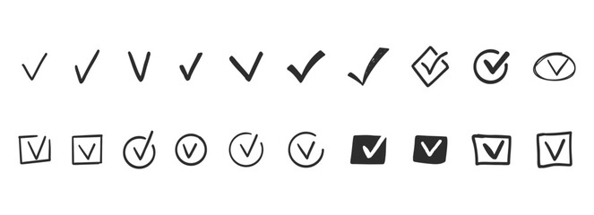 Check mark doodle icon set. Checkmarks and confirm. Ok, yes sign for agreement, done. tick. Cross signs for checkbox, checklist, v in sketch. © Alyona