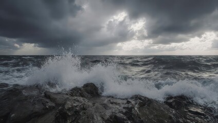 Fototapeta premium Dramatic Ocean Waves Crashing Against Rocks Under a Stormy Sky.