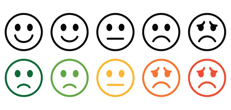 Customer feedback review vector concept, satisfaction level scale from excellent to awful, emotional smiley and emoji rating icons, UX consumer survey evaluation symbols