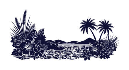 Tropical Beach Island Paradise Silhouette Vector with Palm Trees and Hibiscus Flowers © vectorial