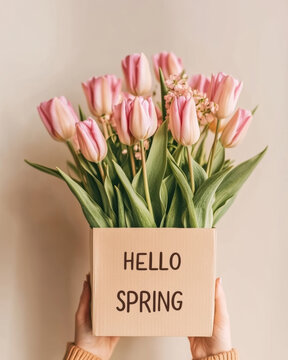 Hands hold a cardboard box brimming with pastel pink tulips and fresh green leaves against a warm neutral backdrop, with the cheerful message hello spring on the front. 