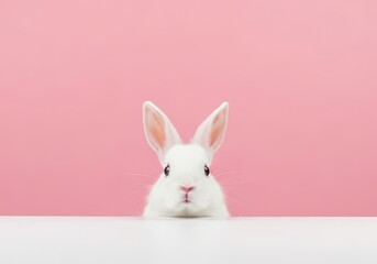 Fototapeta premium A curious white rabbit peeking over a white surface against a pink background