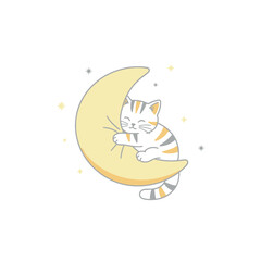 Fototapeta premium Cute cat on moon, sleeping feline illustration, cartoon pet, whimsical animal design isolated on White Background