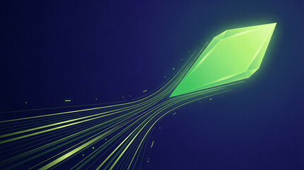 Neon Green Crystal Arrow Symbolizing Technology, Speed And Digital Flow With Glowing Trails.