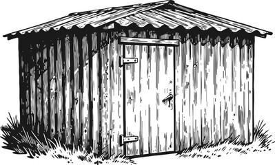 Obraz premium Rustic wooden garden shed with corrugated roof standing on grass, vintage countryside storage cabin illustration