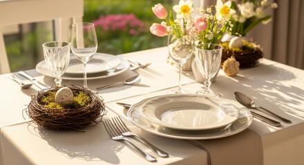 Fototapeta premium A beautifully arranged Easter table setting with white dishes, crystal glasses, and floral decor, bathed in sunlight. Generative AI.