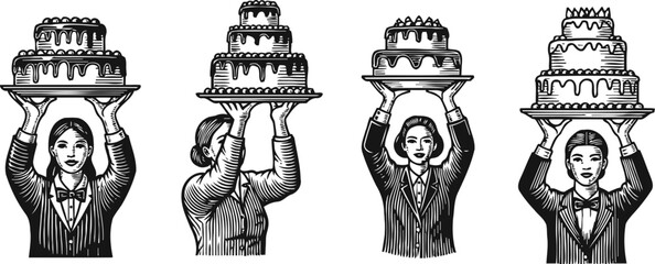 Fototapeta premium waiters holding large tiered cakes overhead in vintage black and white engraving