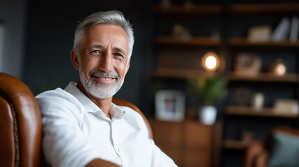 Obraz premium Faceless elder man with gray beard smiling warmly in comfortable living room setting seated in leather armchair happy senior at home retirement contentment and satisfaction dom