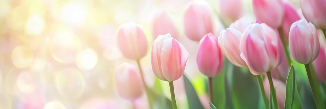 Floral background with spring tulips in soft focus for holiday greeting cards and banners