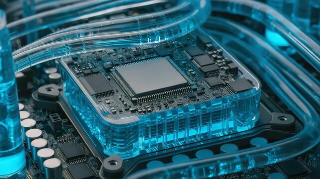 A macro closeup of an electronic motherboard highlighting the digital processor chip and electrical hardware components within a modern computer network circuit