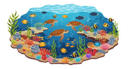 Isometric vector illustration of a vibrant underwater scene with sea turtles, fish, and coral reef for World Wildlife Day, featuring a colorful oceanic landscape with seaweed and aquatic © Anggora
