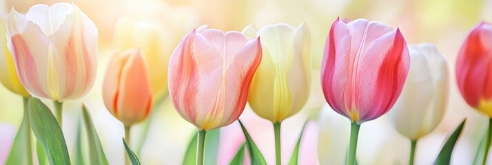 Fototapeta premium Beautiful tulips in pastel colors standing in a garden during spring with sunlight shining and creating a soft focus effect