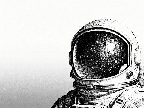 Astronaut in space suit with reflective helmet visor showing starry space