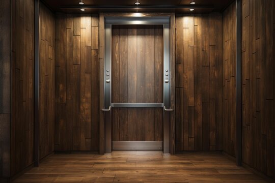 Modern luxury elevator cabin featuring rich wood paneling and sleek metallic details