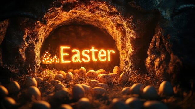 Glowing Easter Sign Inside Cave With Eggs And Warm Light