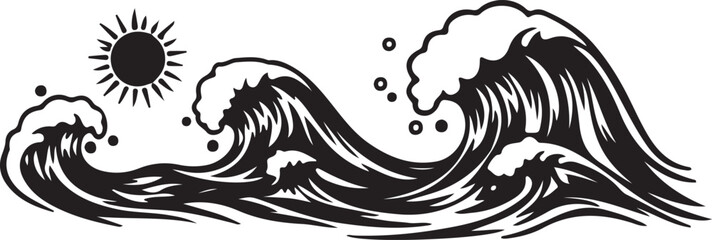 Stylized silhouette Ocean Waves Illustration with Sun for Coastal Themes © Mend